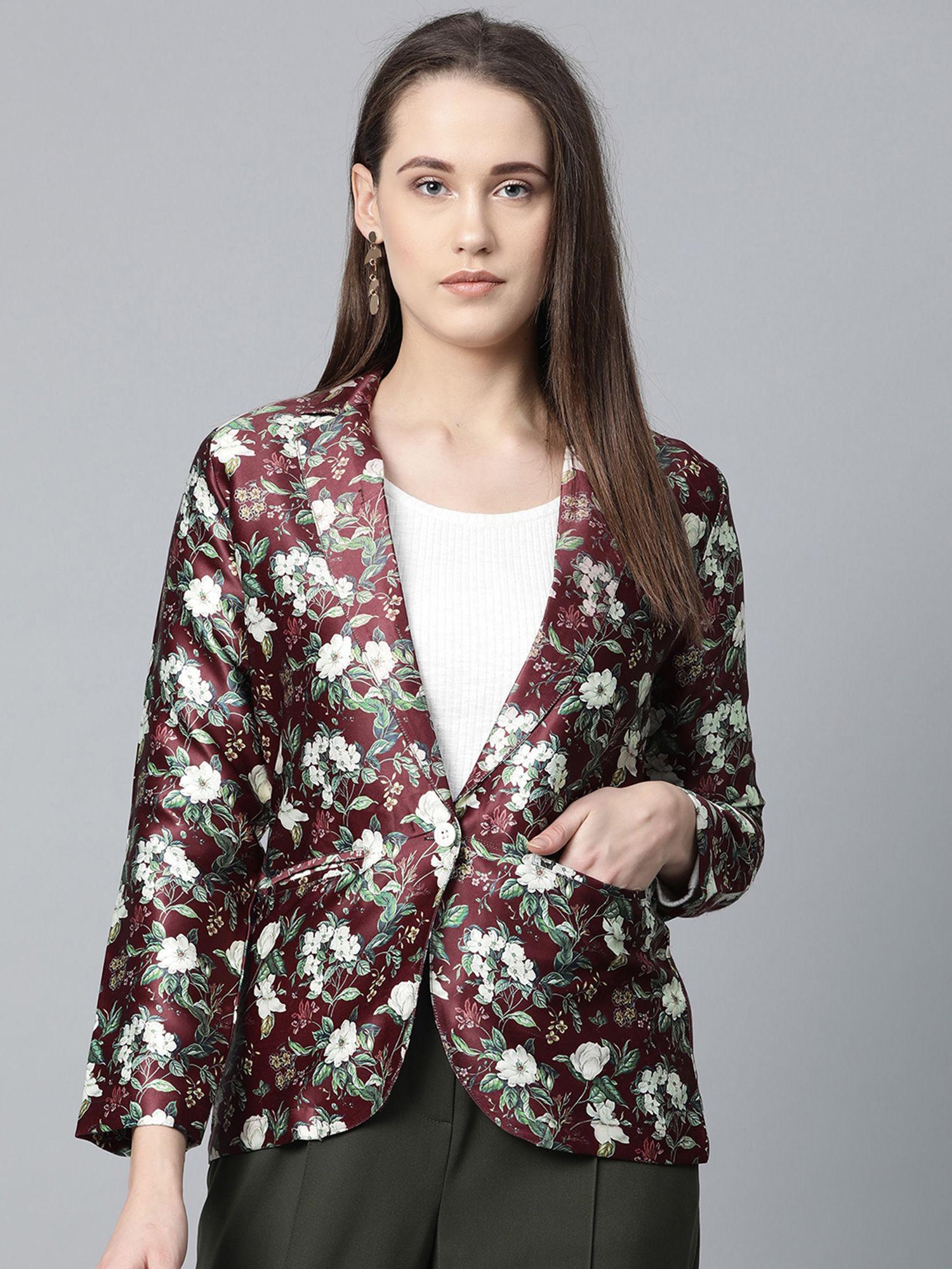 maroon floral print blazer