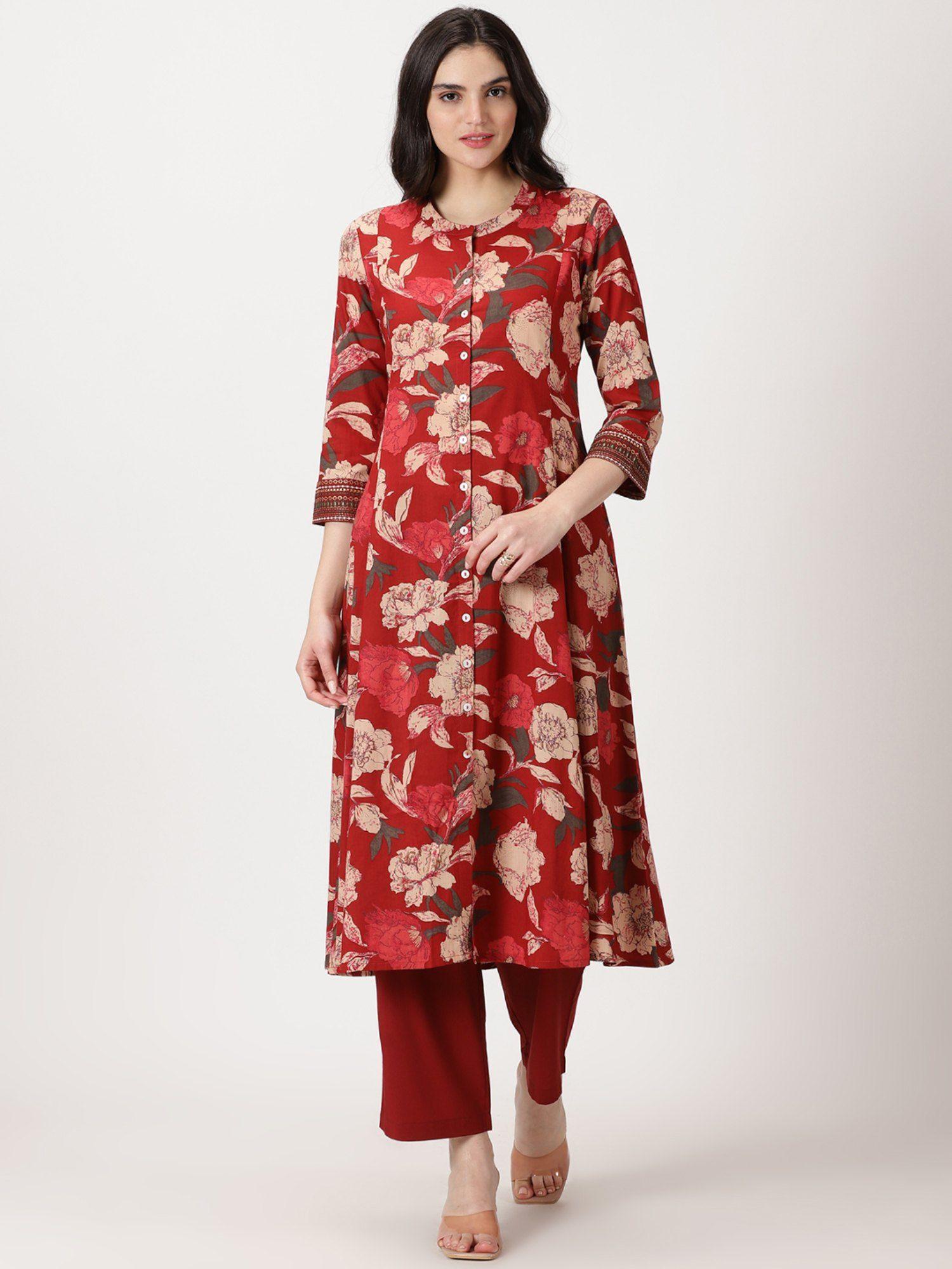 maroon floral print cotton button-down kurta