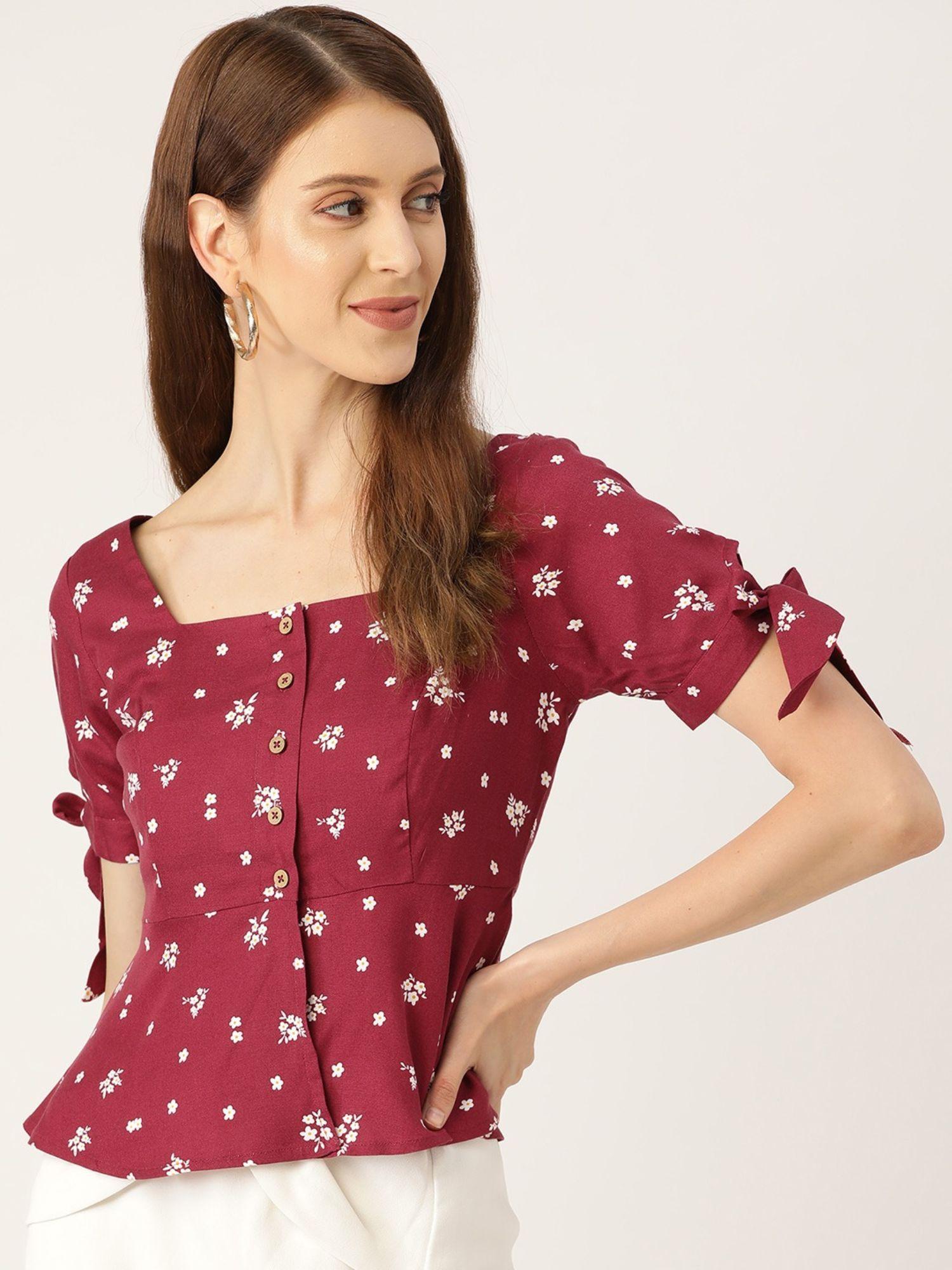 maroon floral print square neck peplum top