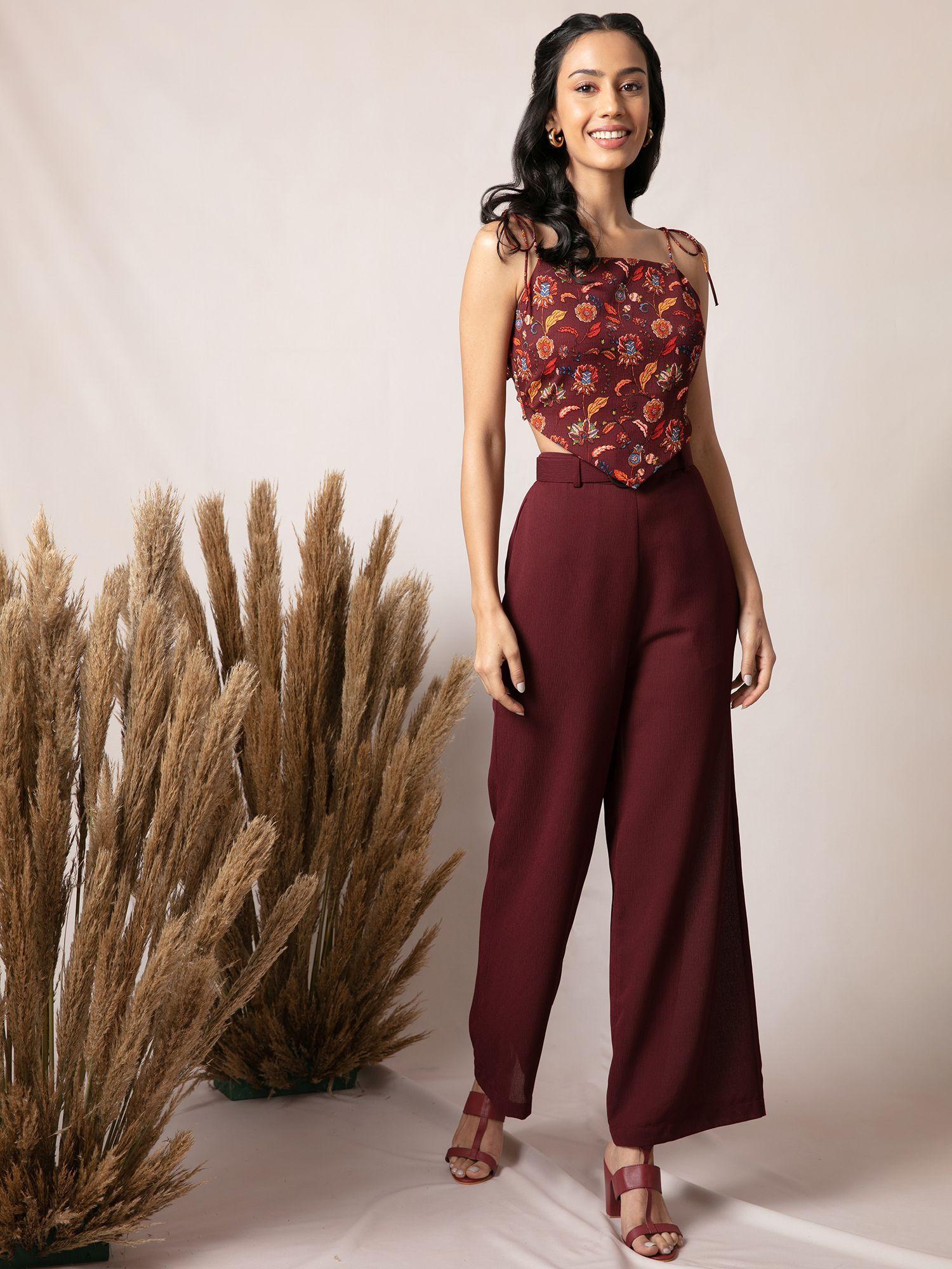 maroon floral print square neck top