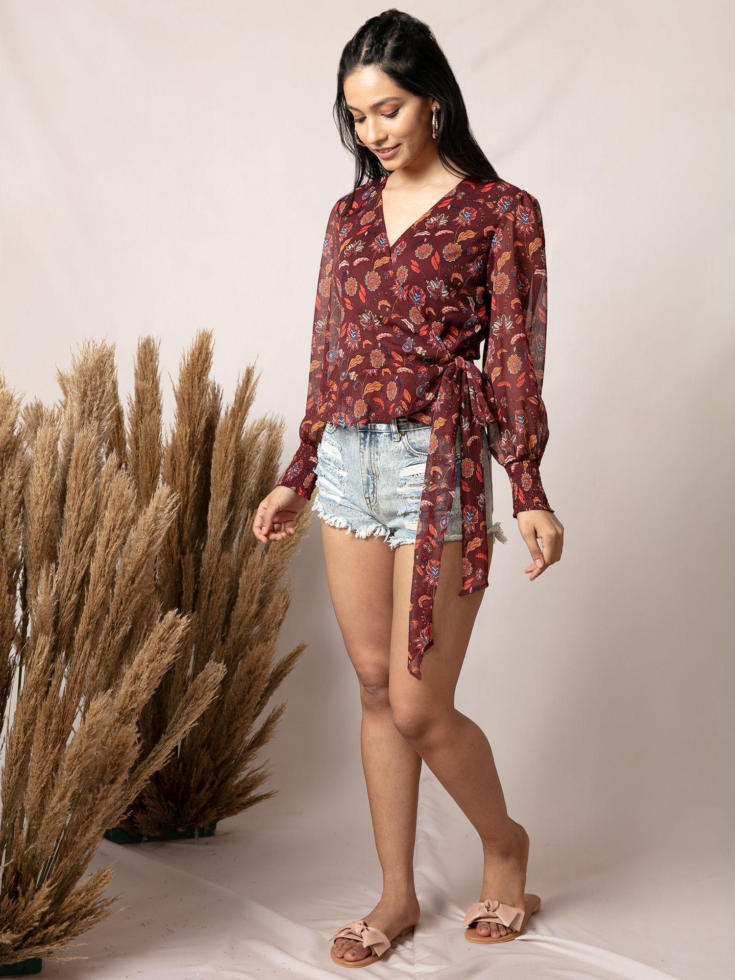 maroon floral print v neck top