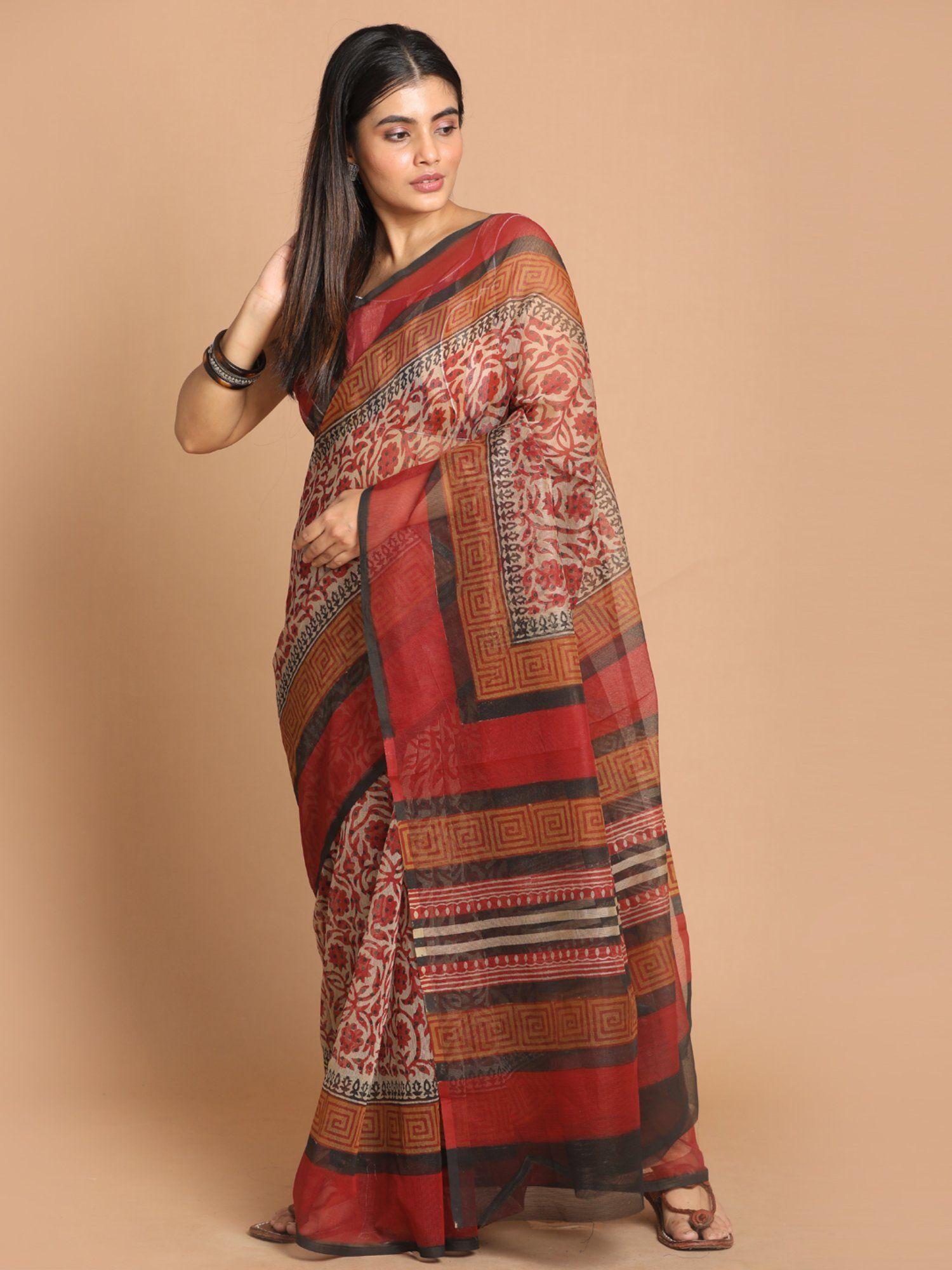 maroon floral printed cotton blend saree with unstitched blouse