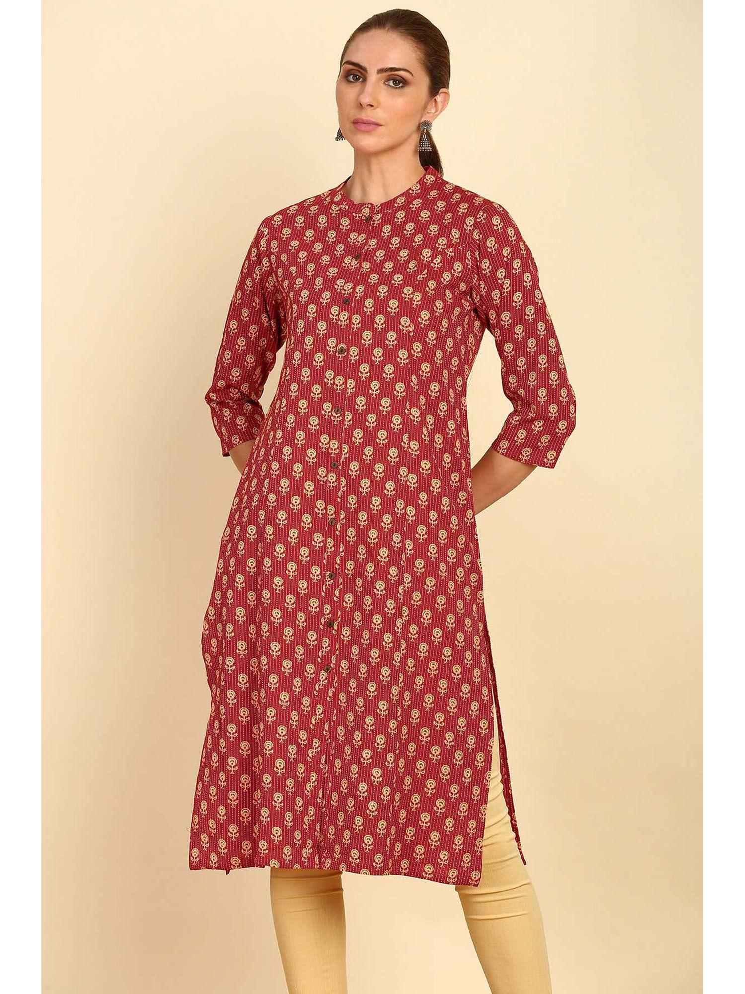 maroon floral printed cotton kurta with mandarin collar