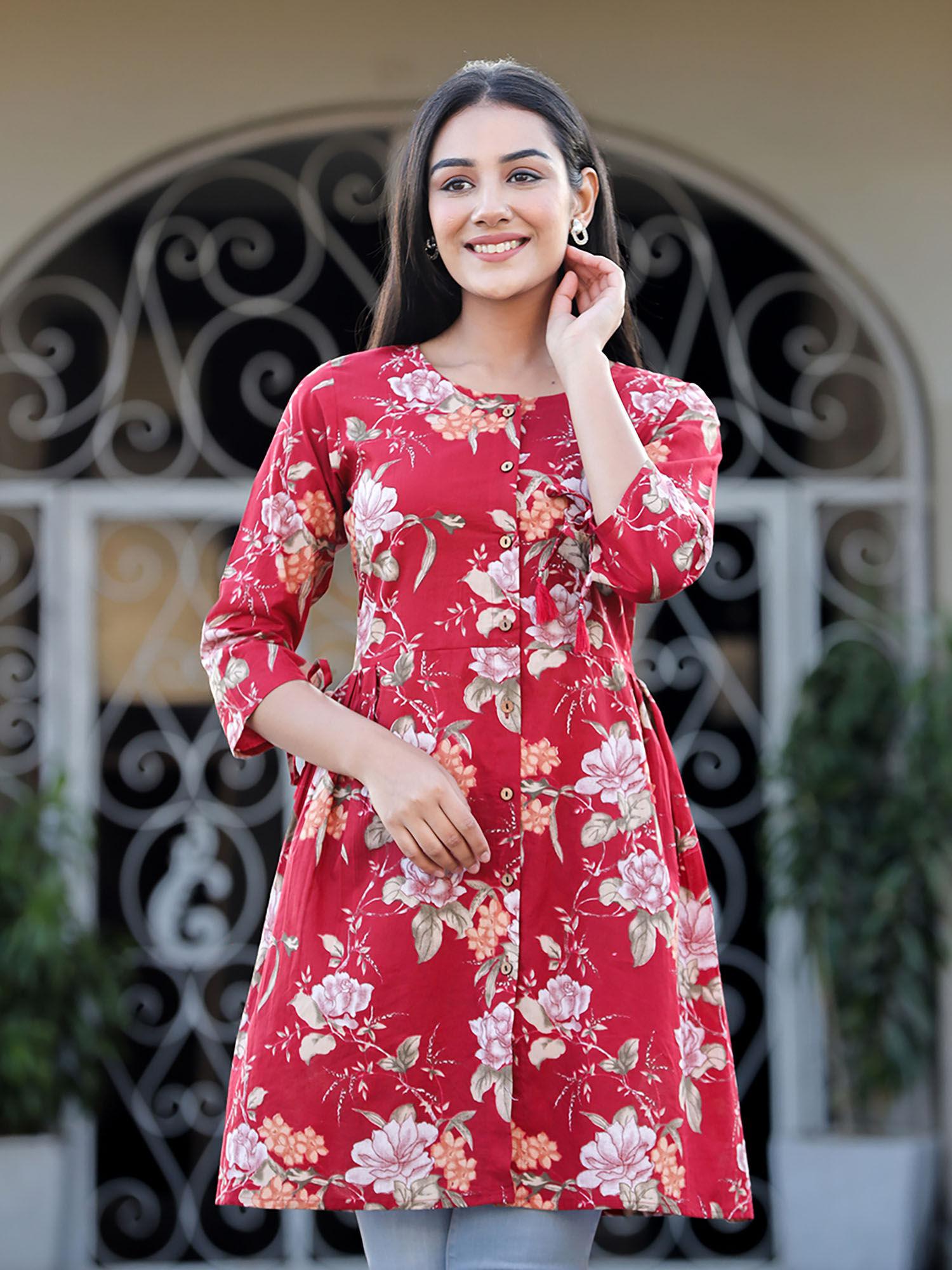 maroon floral printed cotton tunic