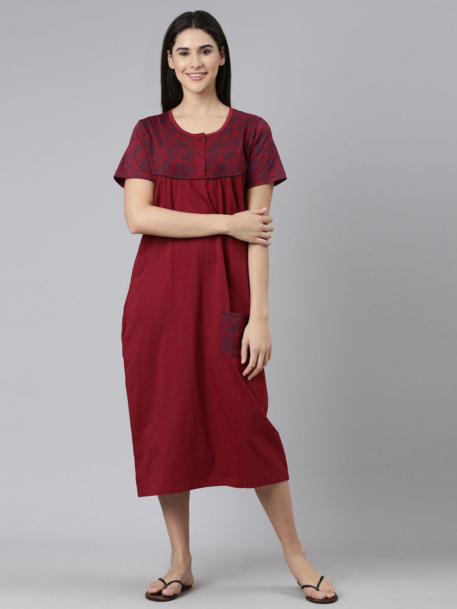 maroon floral printed nightdress for women