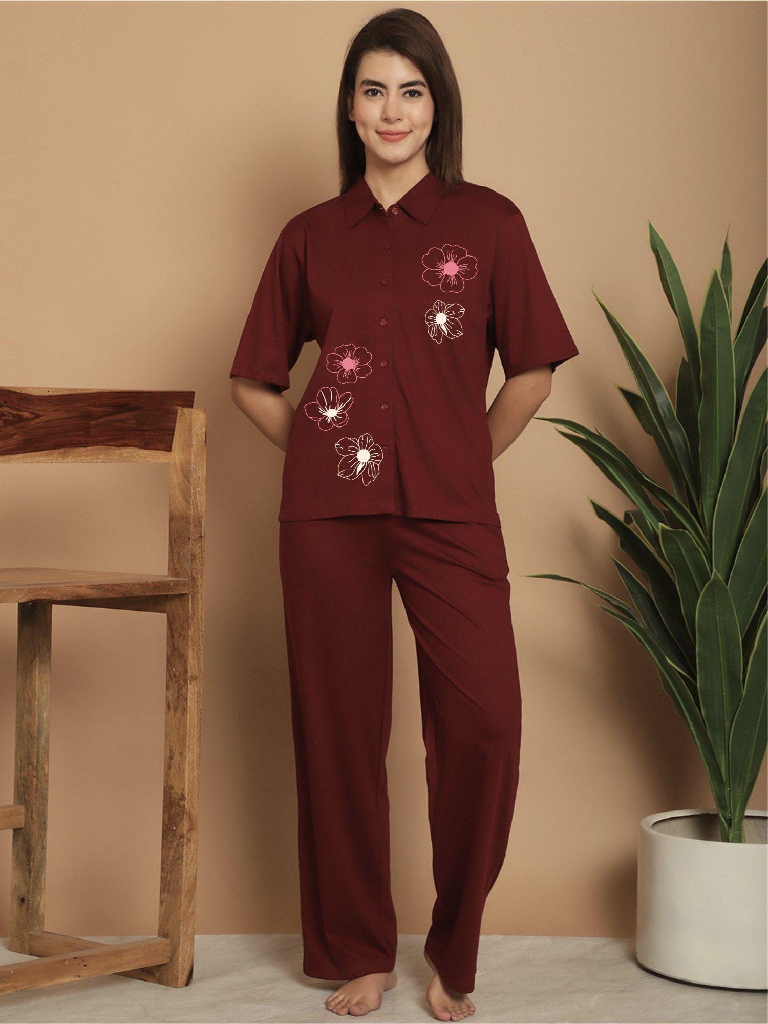 maroon floral printed shirt collar night suit (set of 2)