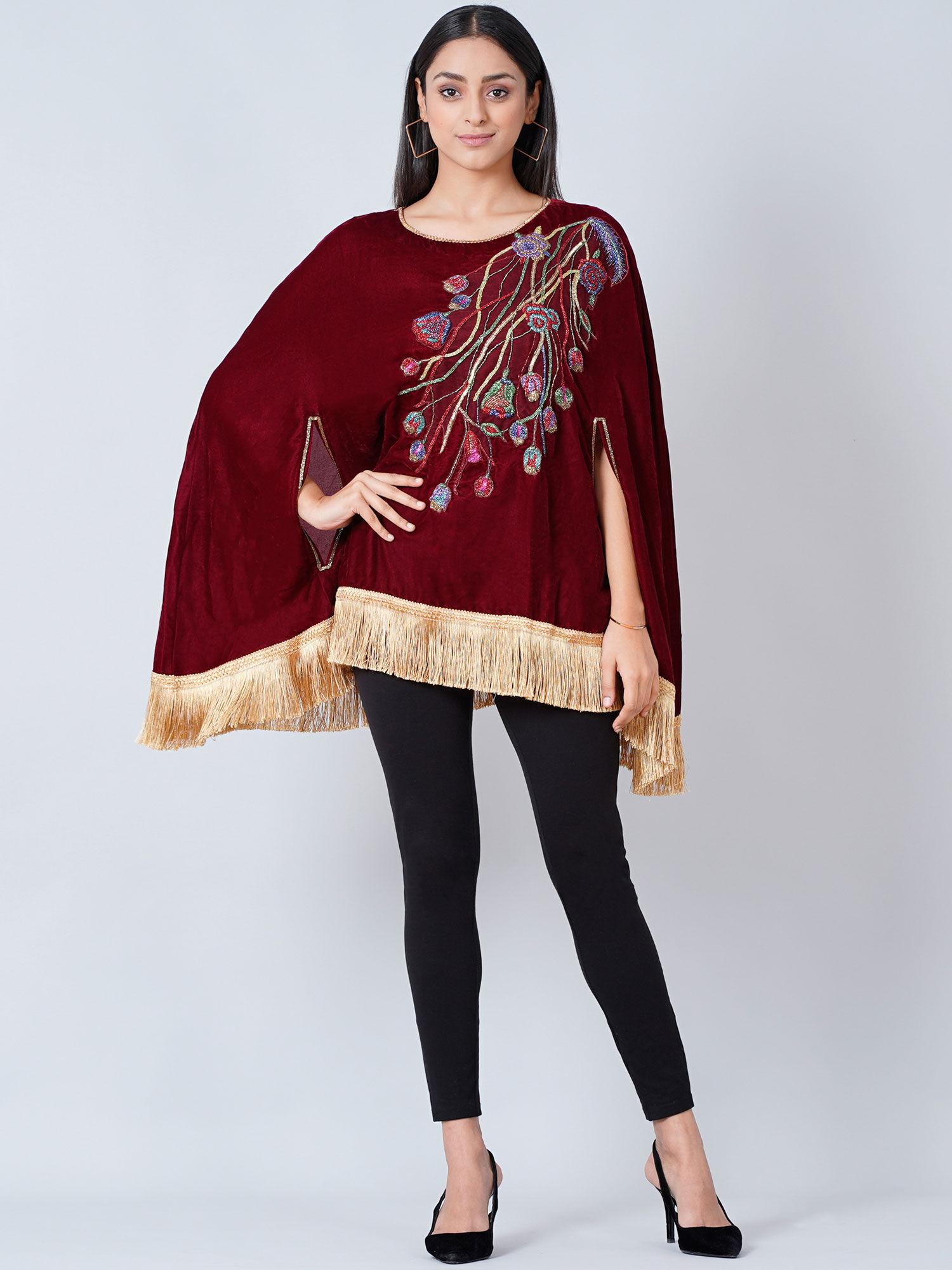 maroon floral sequinned velvet poncho with golden fringe