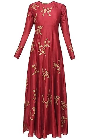 maroon floral sequins embroidered flared anarkali set