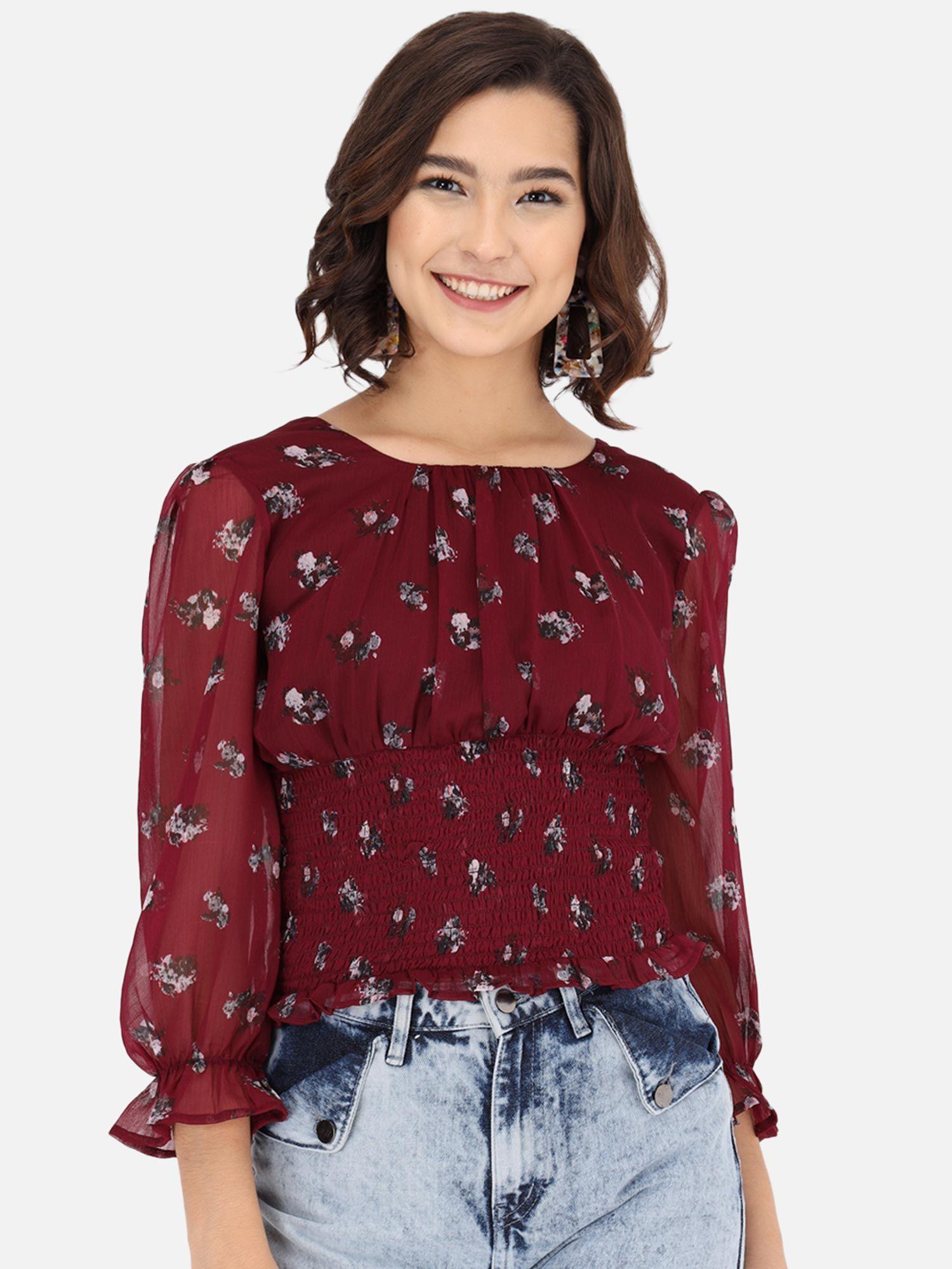 maroon floral smocking top