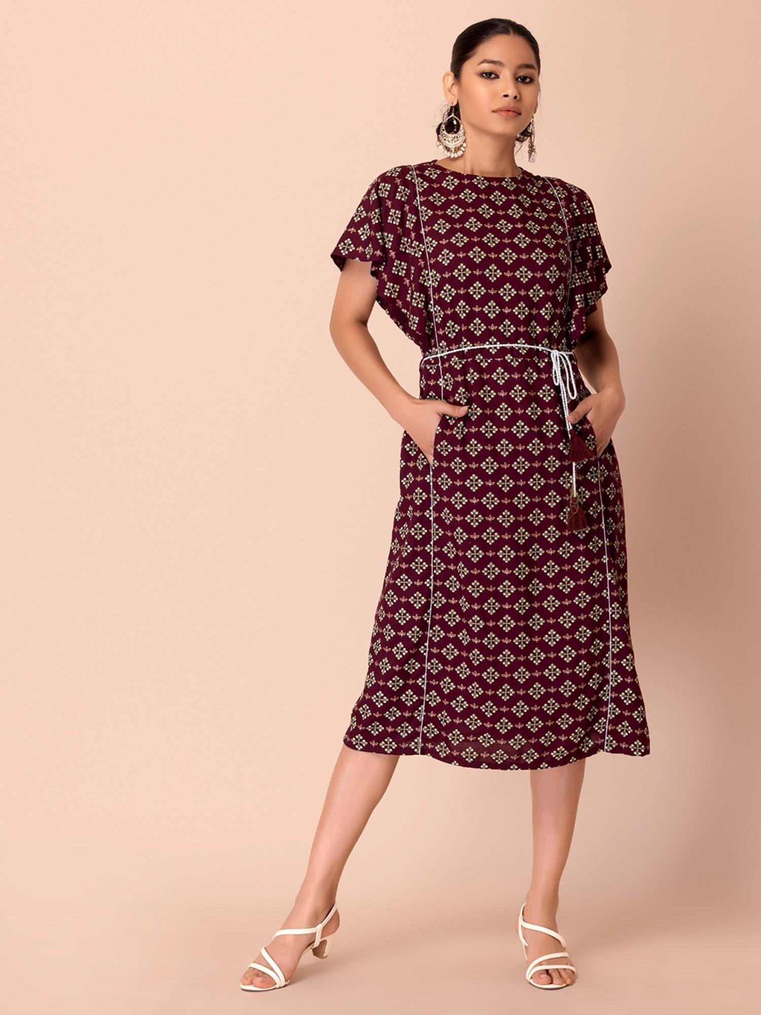 maroon foil boota belted a-line dress