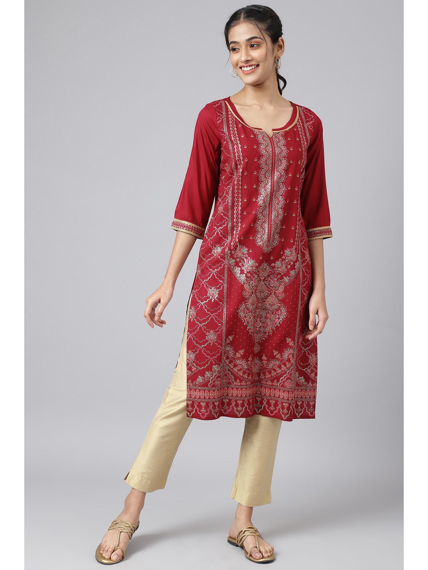 maroon foil floral printed kurta