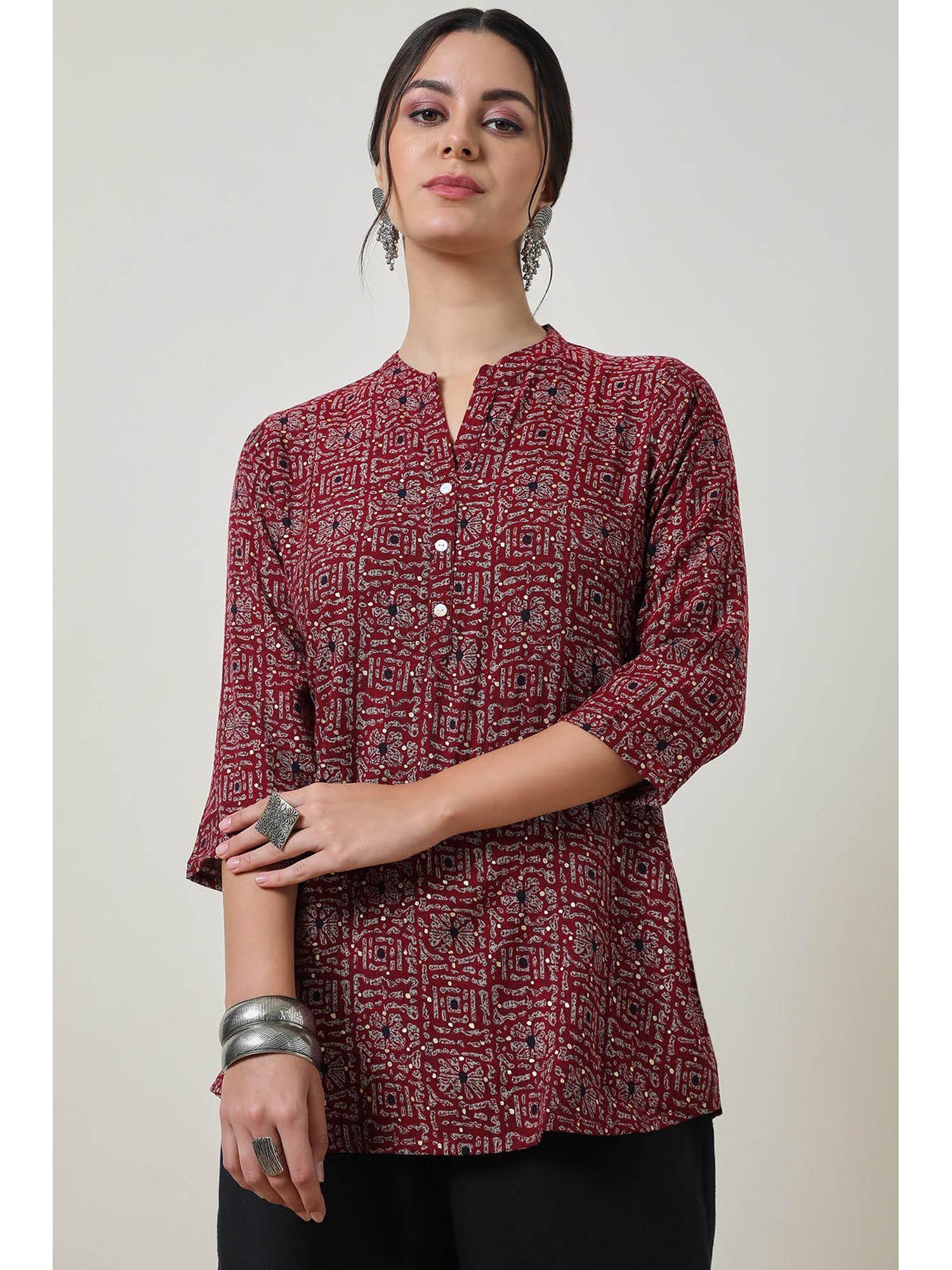 maroon foil print rayon slub tunic