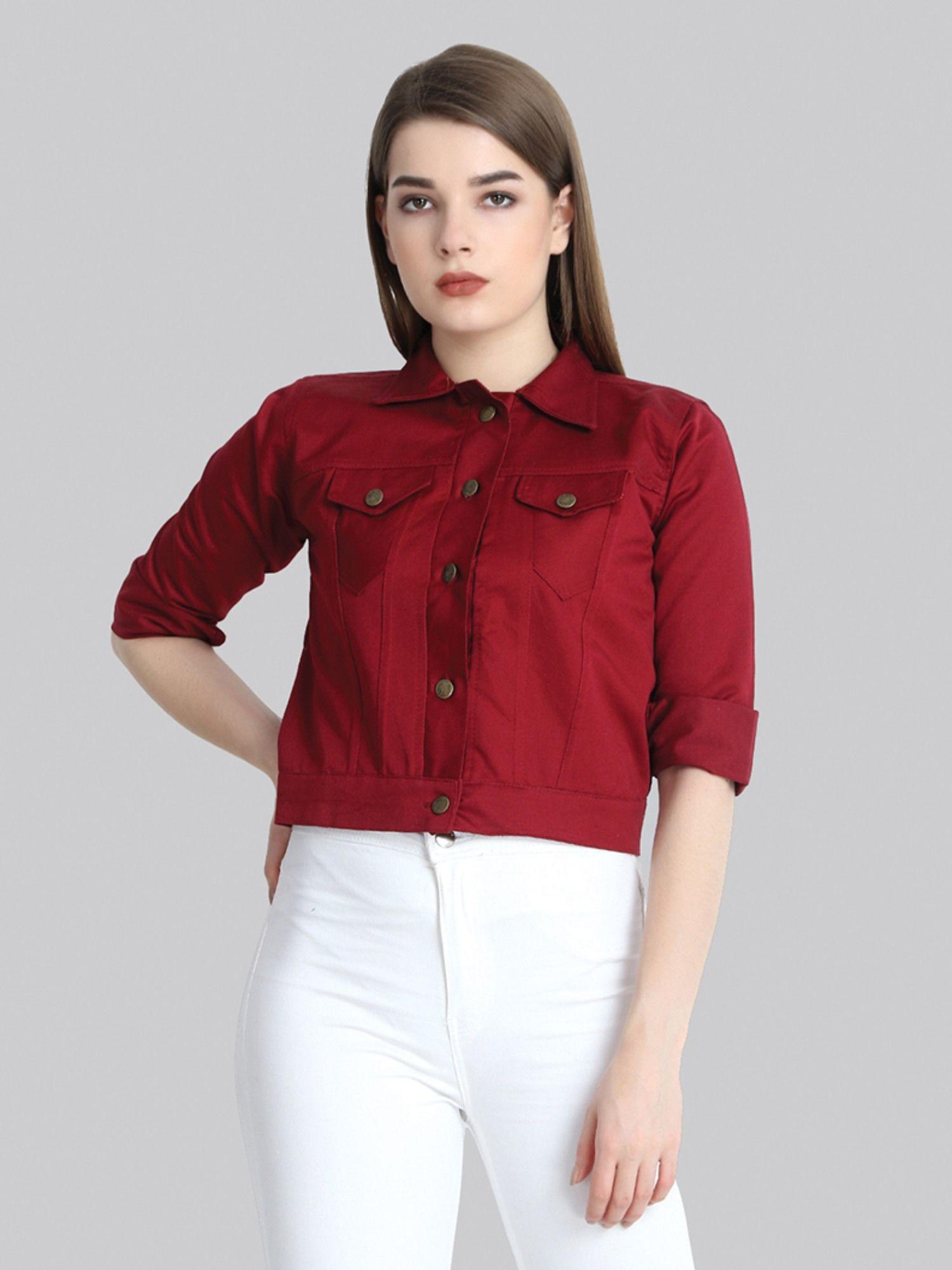 maroon front button fastening collared neckline twill jacket for women