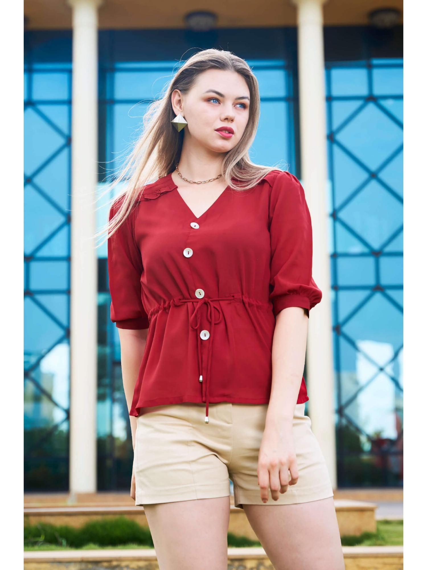 maroon front button shoulder detail top