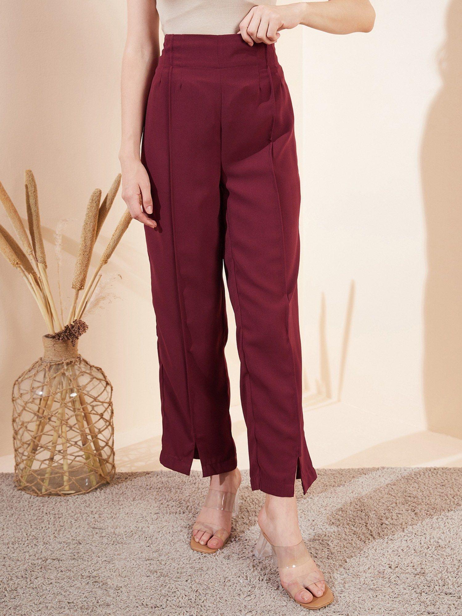 maroon front-slit straight trousers