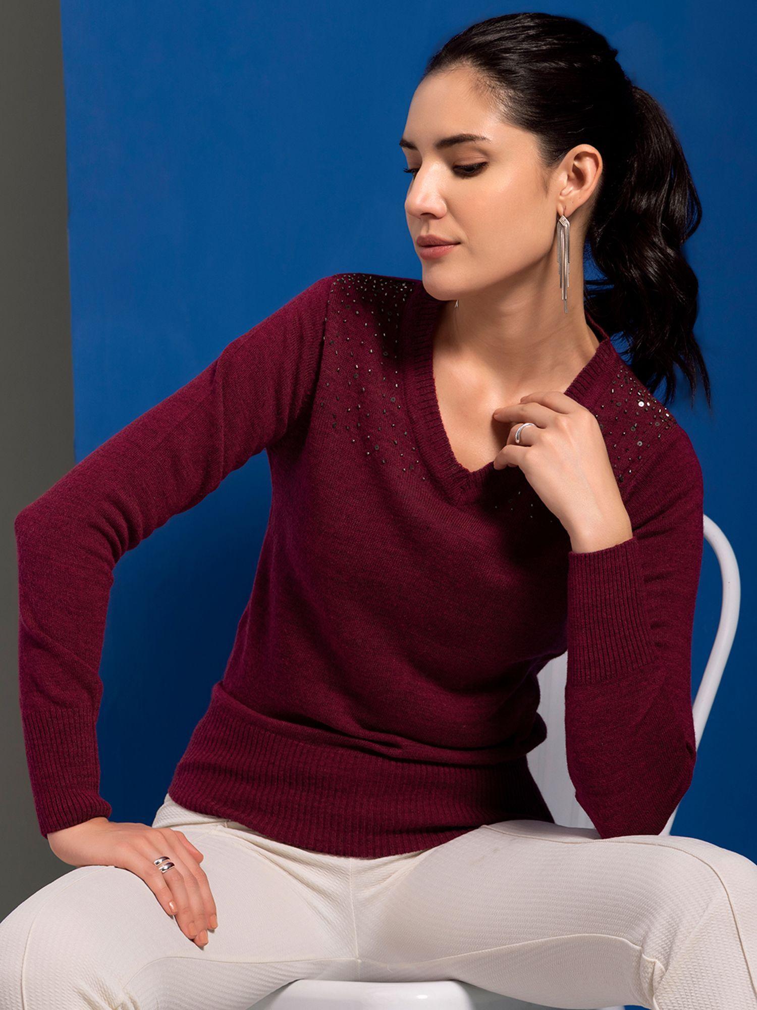 maroon full sleeve embellished jumper sweater