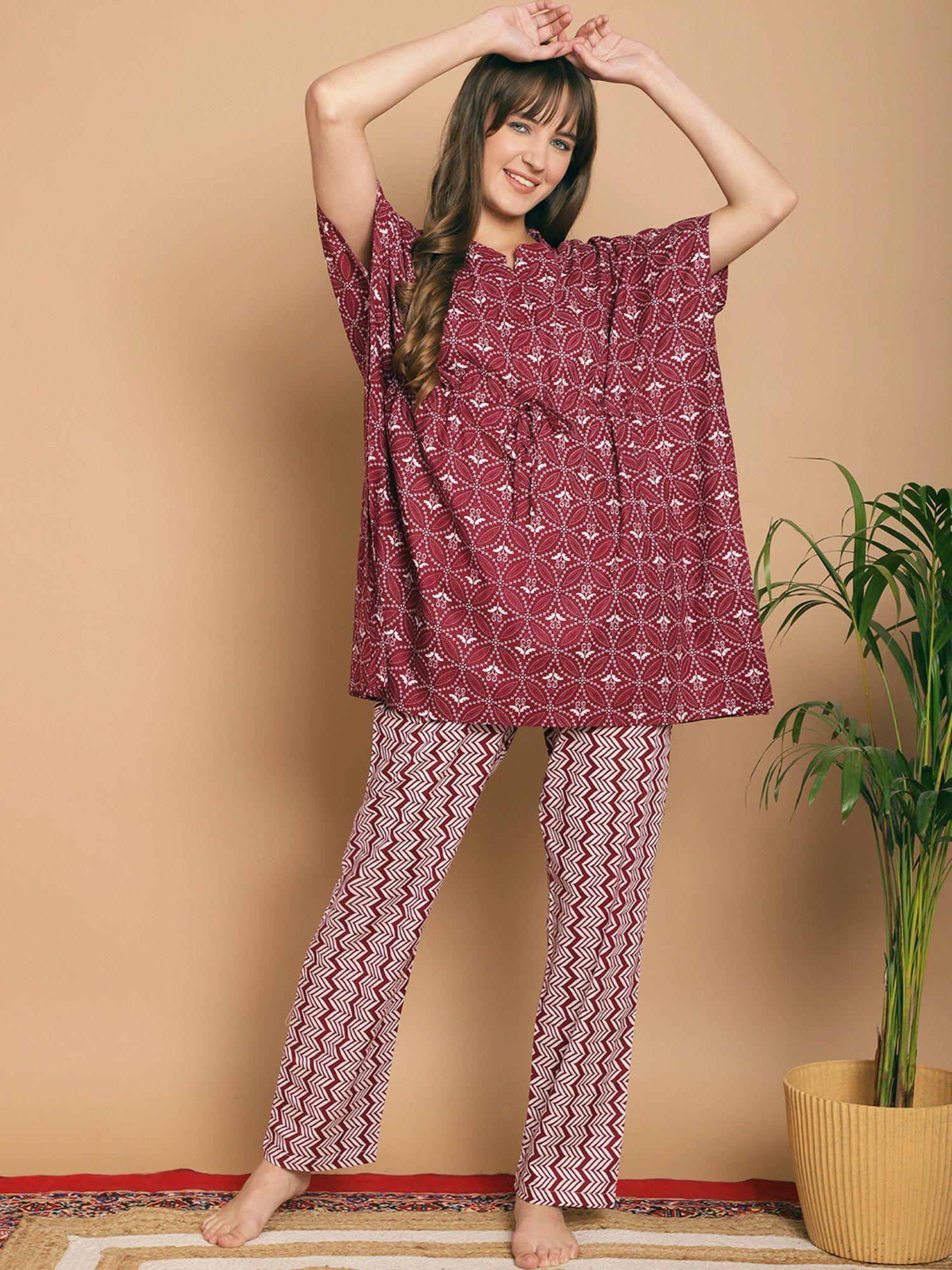 maroon geometric printed pure cotton night suit (set of 2)