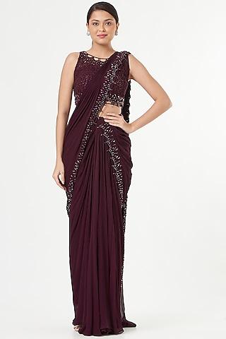 maroon georgette & silk bead embellished saree set
