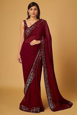maroon georgette abla embroidered saree set