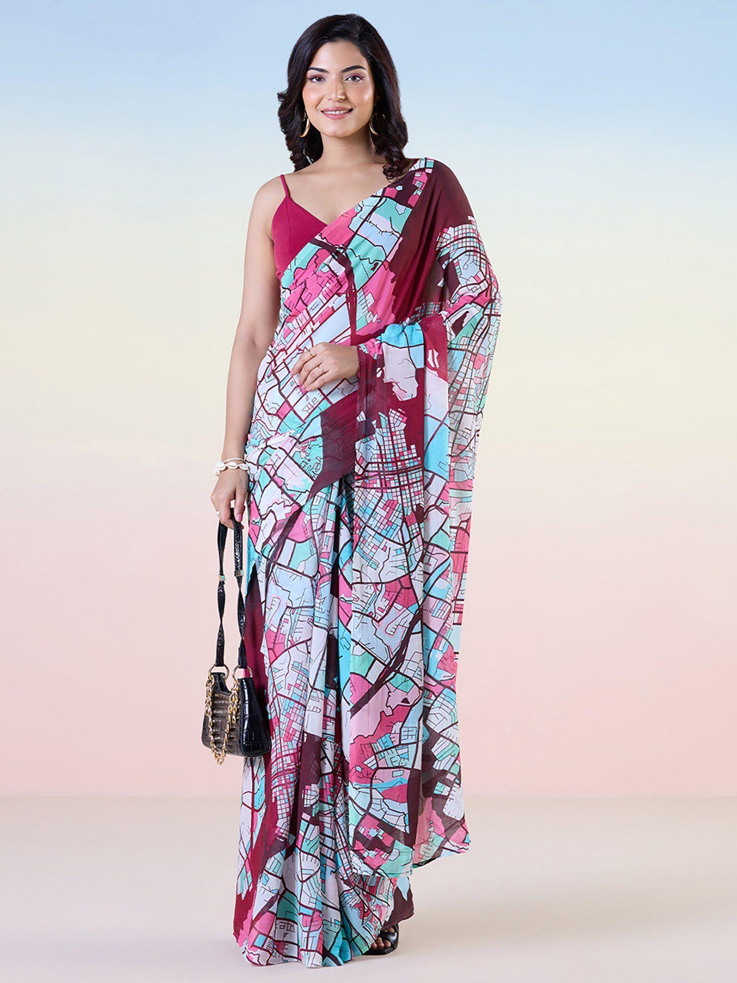 maroon georgette abstract print saree with unstitched blouse