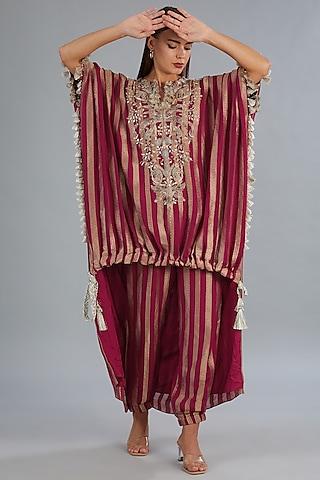 maroon georgette banarasi stripes embroidered high-low kaftan set