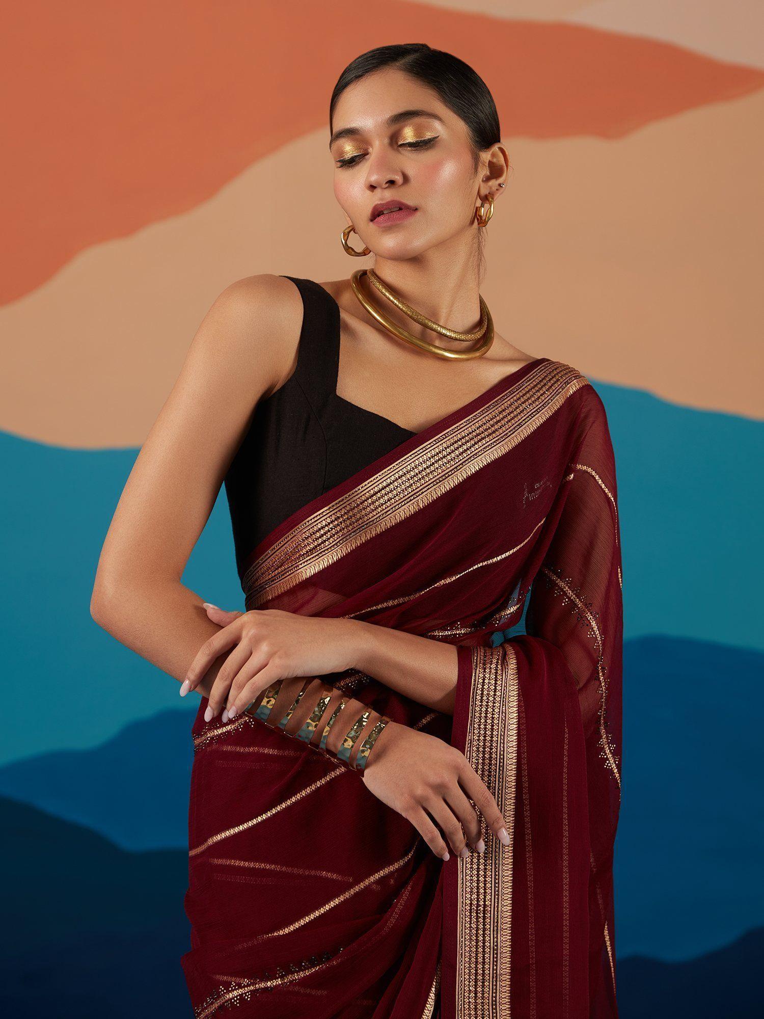 maroon georgette beads or stones party wear saree & unstitched blouse liksar45 (free size)