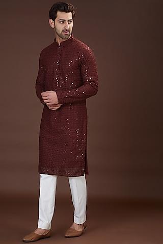 maroon georgette chikankari embroidered kurta set