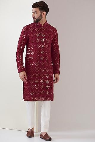 maroon georgette chikankari kurta set