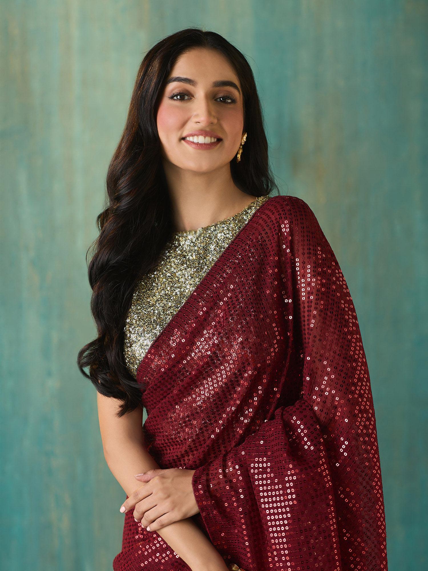 maroon georgette embellished and sequined saree with unstitched blouse liksar115 (free size)