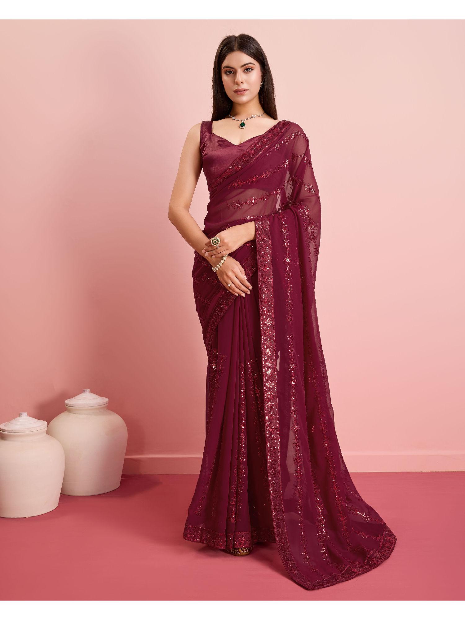 maroon georgette embellished work saree with unstitched blouse