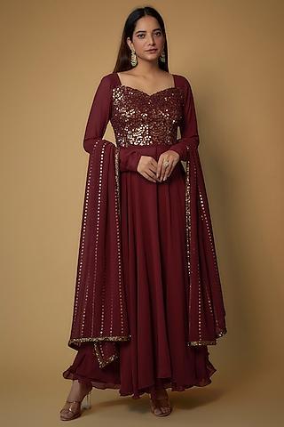 maroon georgette embroidered anarkali set