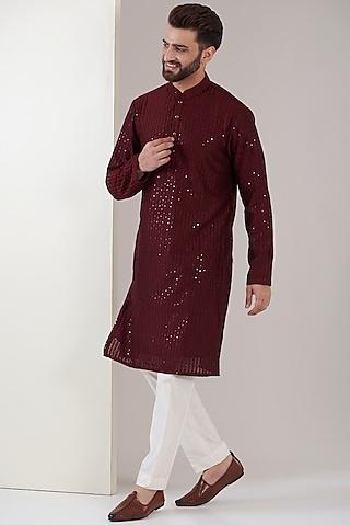 maroon georgette embroidered chikankari kurta set