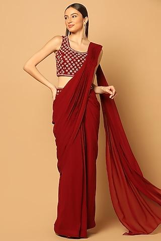 maroon georgette embroidered jacket saree set