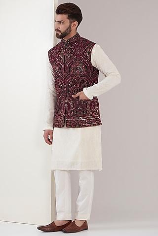 maroon georgette embroidered nehru jacket