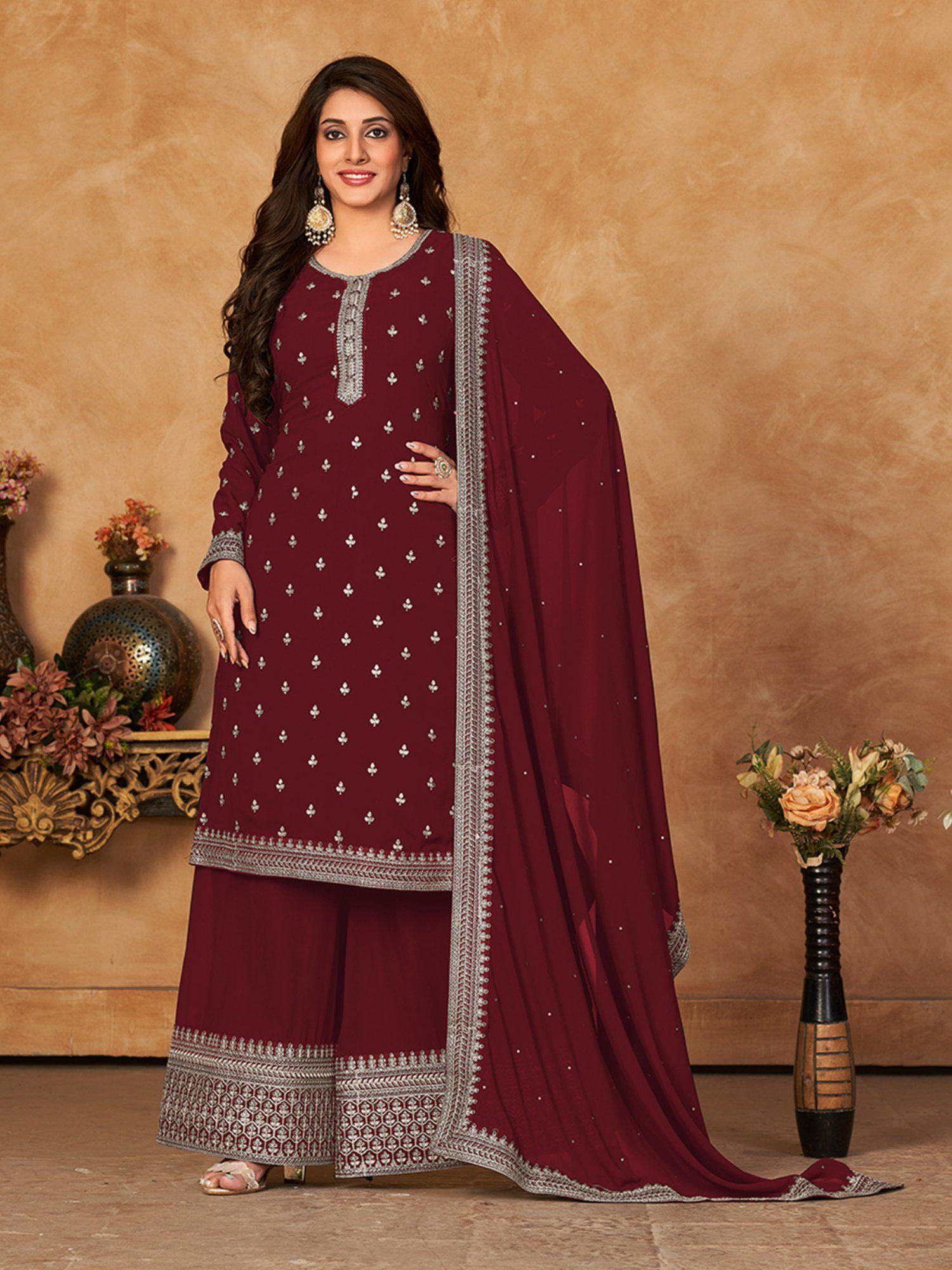 maroon georgette embroidered semi stitched dress material with inner (set of 4)
