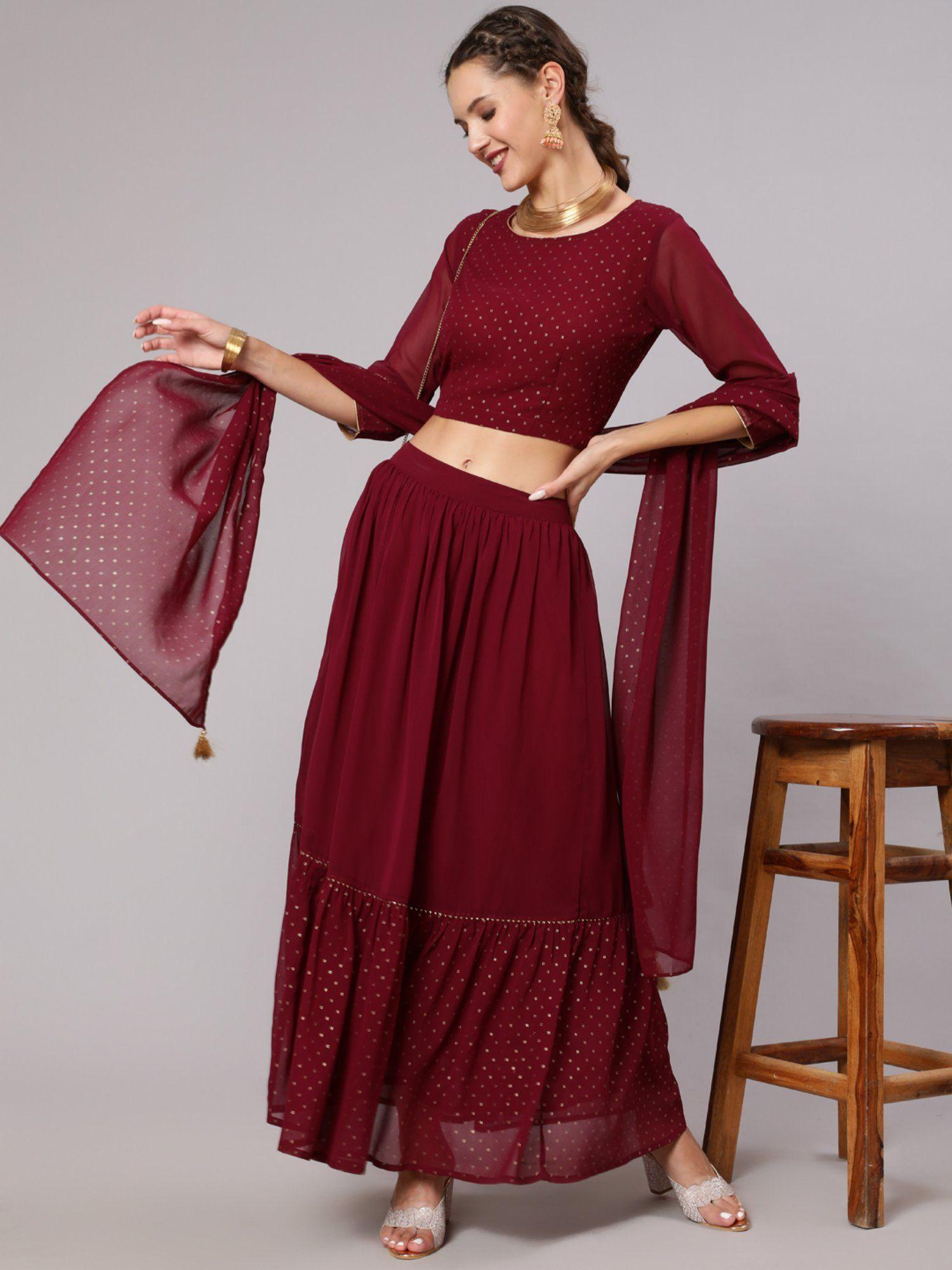 maroon georgette gold print embellished lehnga skirt and dupatta (set of 3)