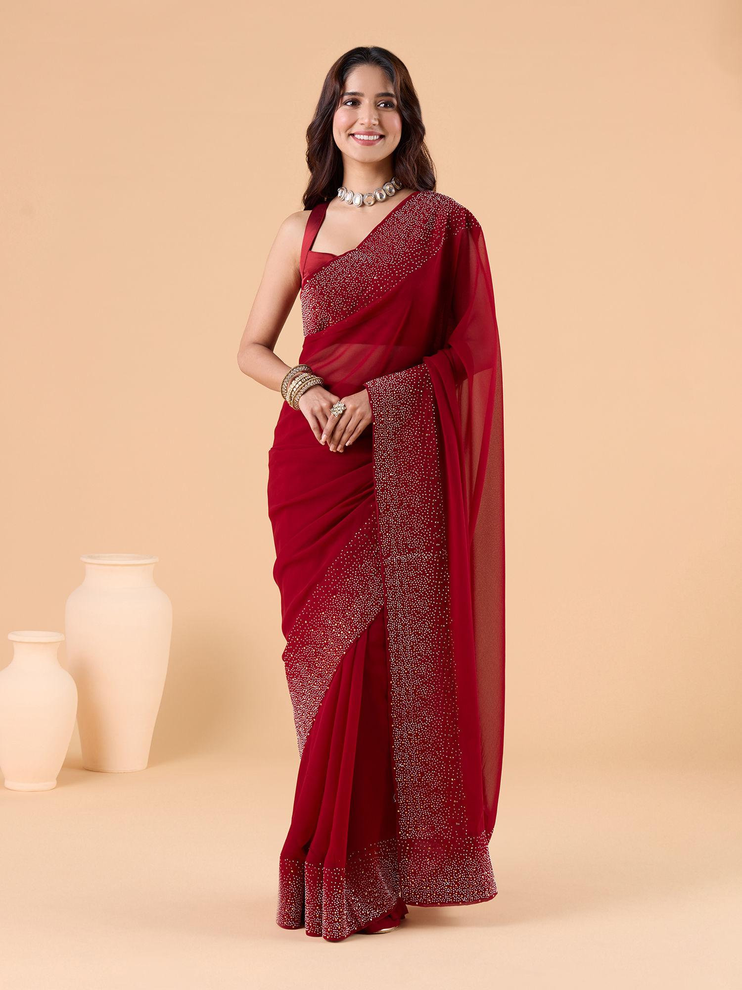 maroon georgette mirror work party saree and unstitched blouse