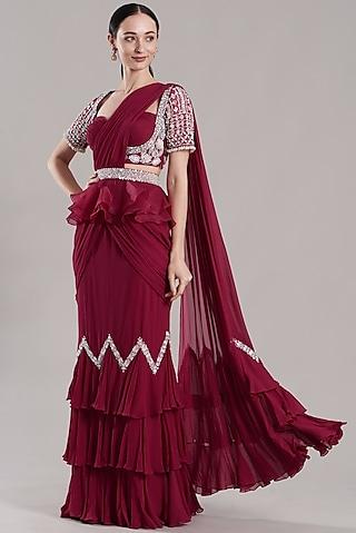 maroon georgette pre-draped saree set