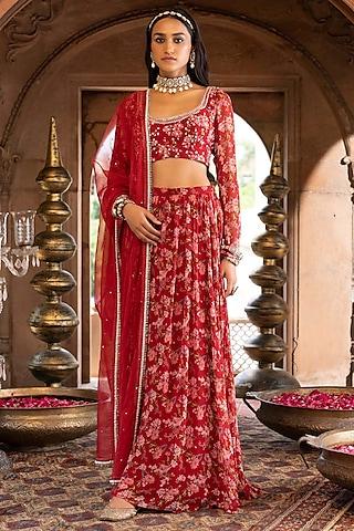 maroon georgette printed lehenga set