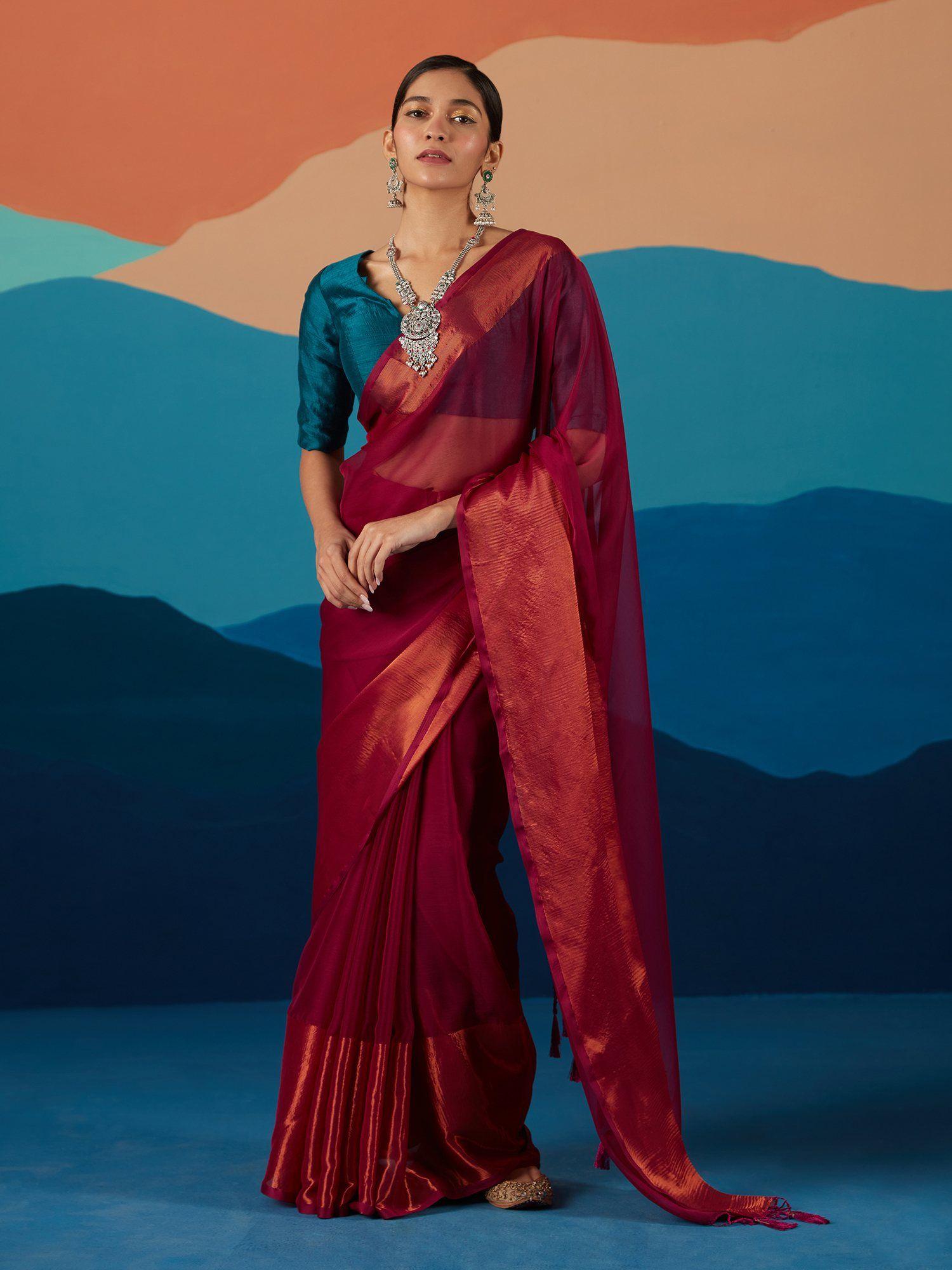 maroon georgette solid zari party wear saree & unstitched blouse liksar44 (free size)