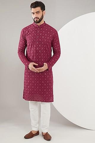 maroon georgette thread embroidered chikankari kurta set