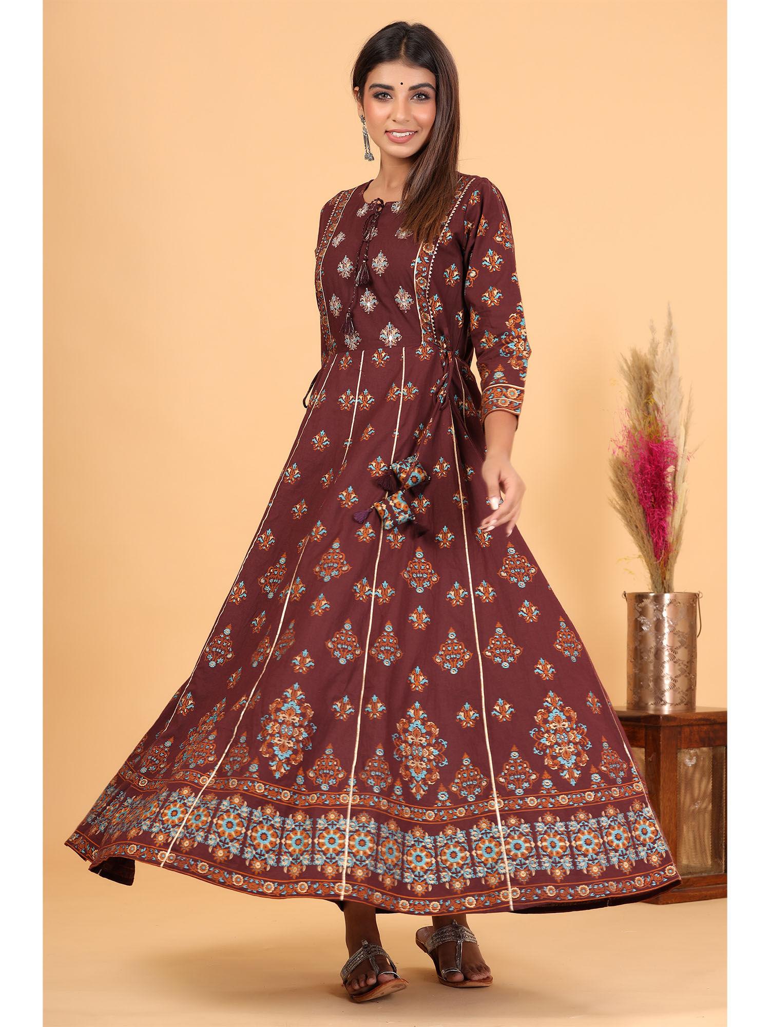 maroon gold printed cotton ethnic gown