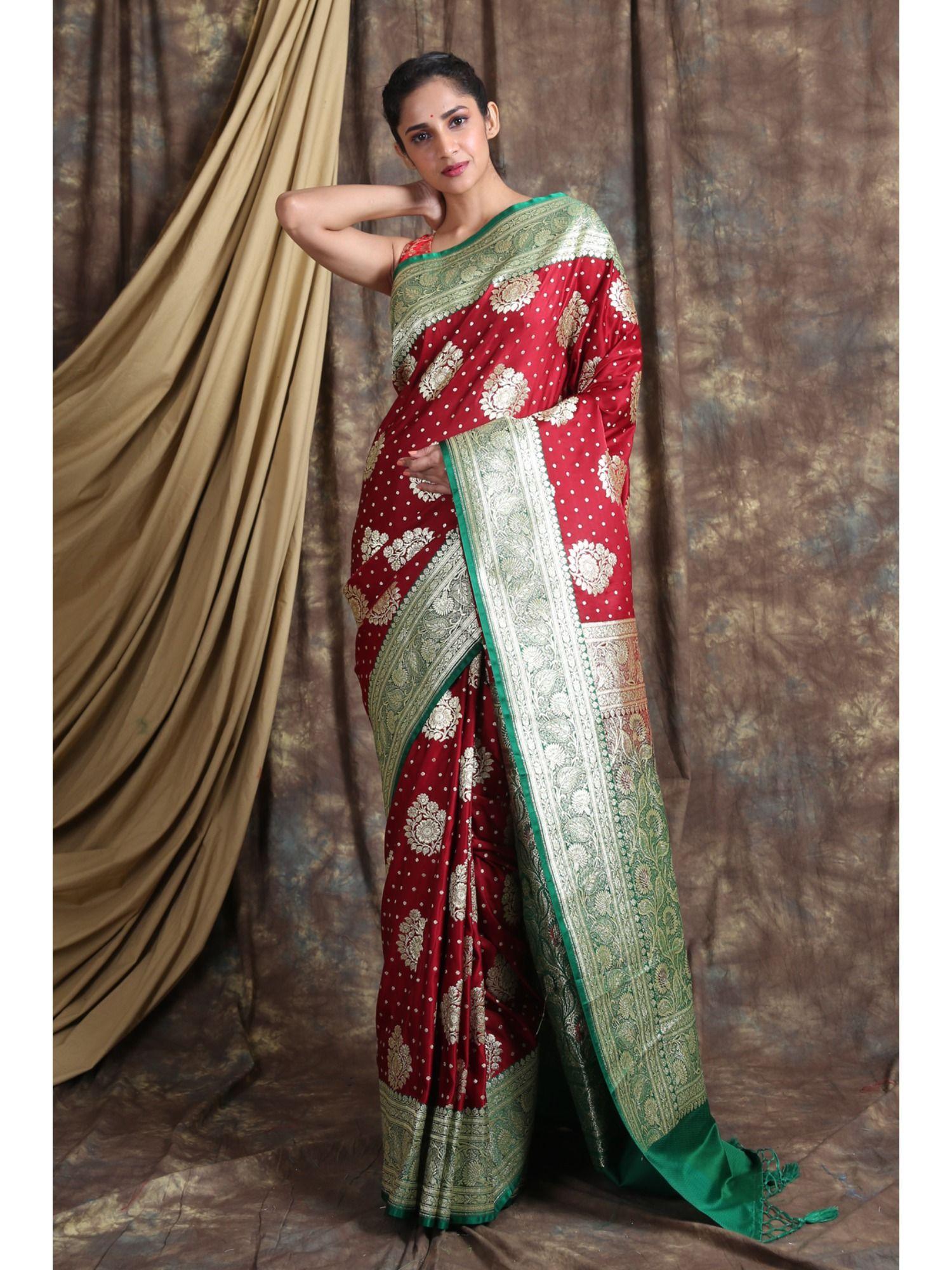 maroon green ethnic motifs zari pure silk saree with unstiched blouse
