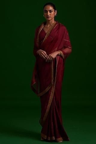 maroon habutai silk organza dori embroidered half & half saree set
