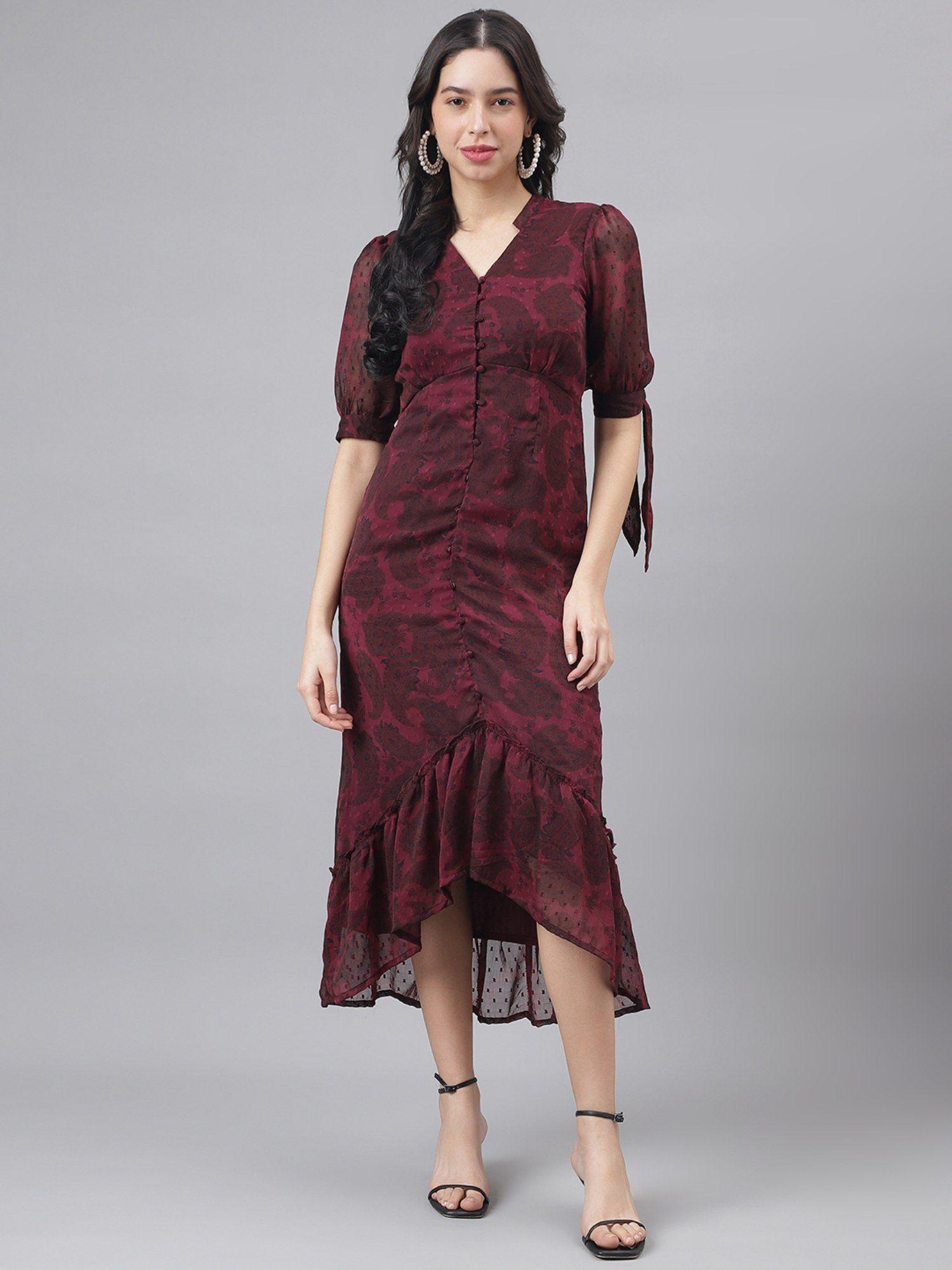 maroon half sleeve v-neck women midi dress