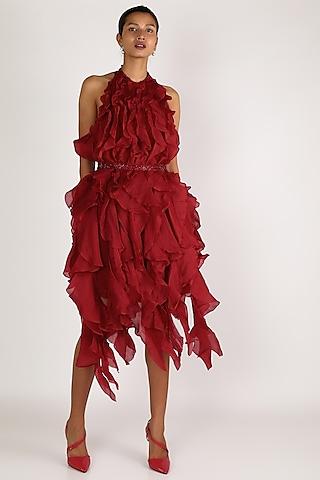 maroon halter dress with ruffles