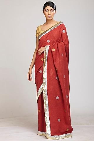 maroon hand block printed polka saree set