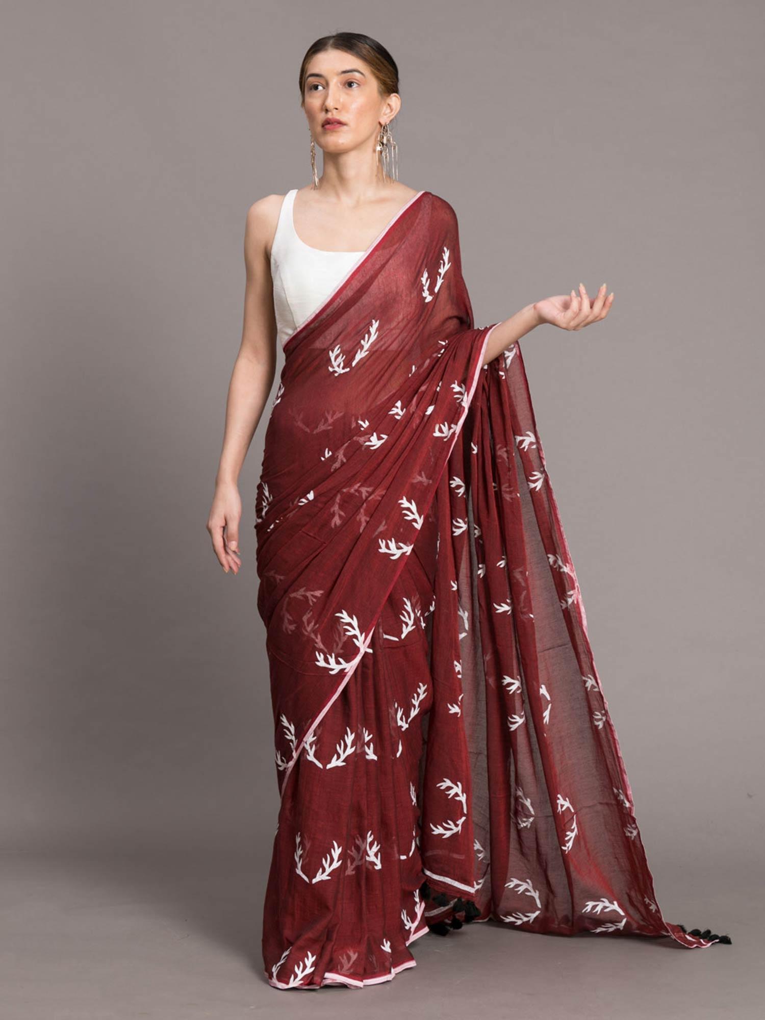 maroon hand blocked pure cotton saree without blouse