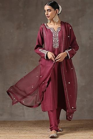 maroon hand embroidered kurta set