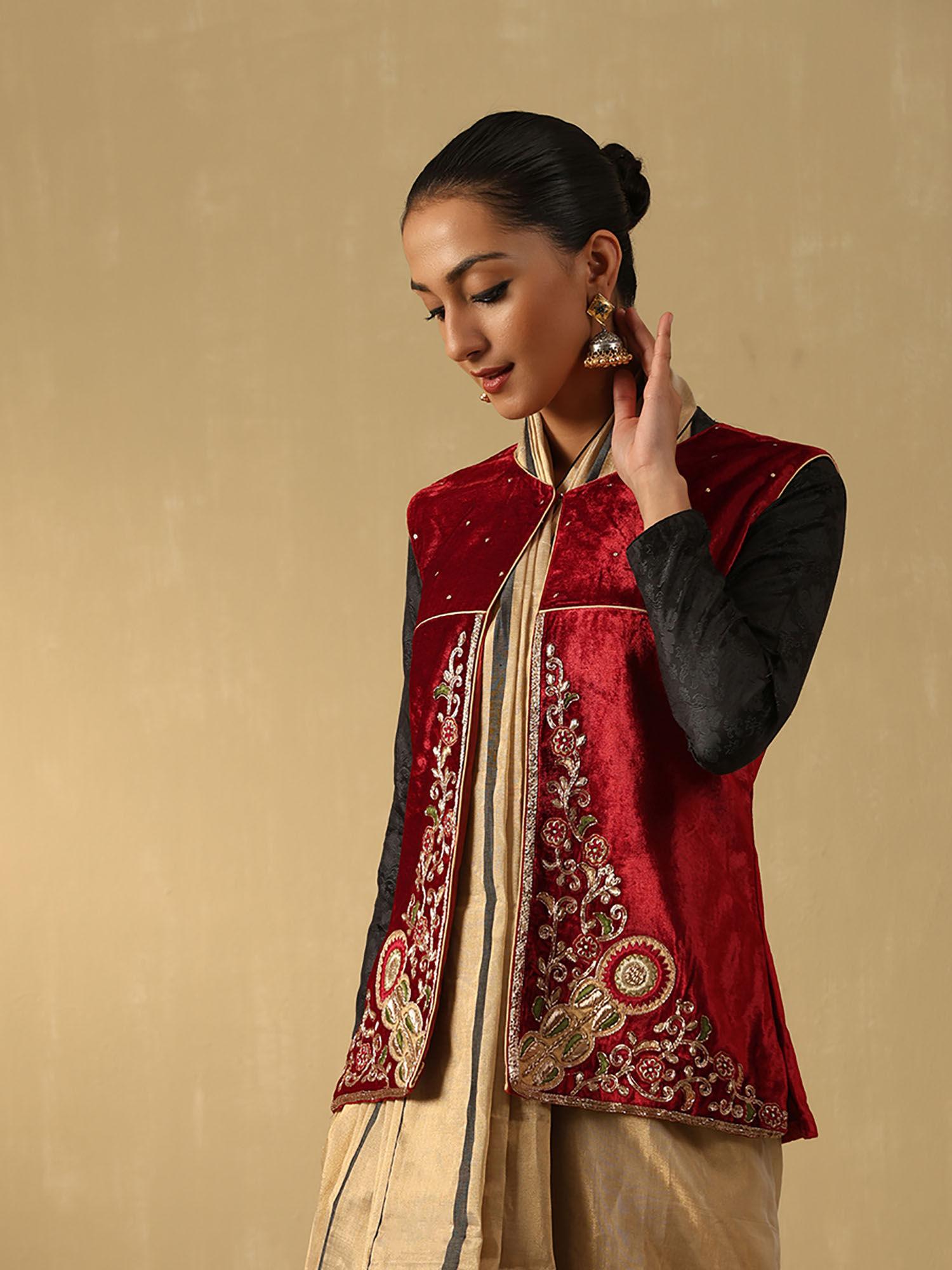 maroon hand embroidered zardozi silk velvet jacket